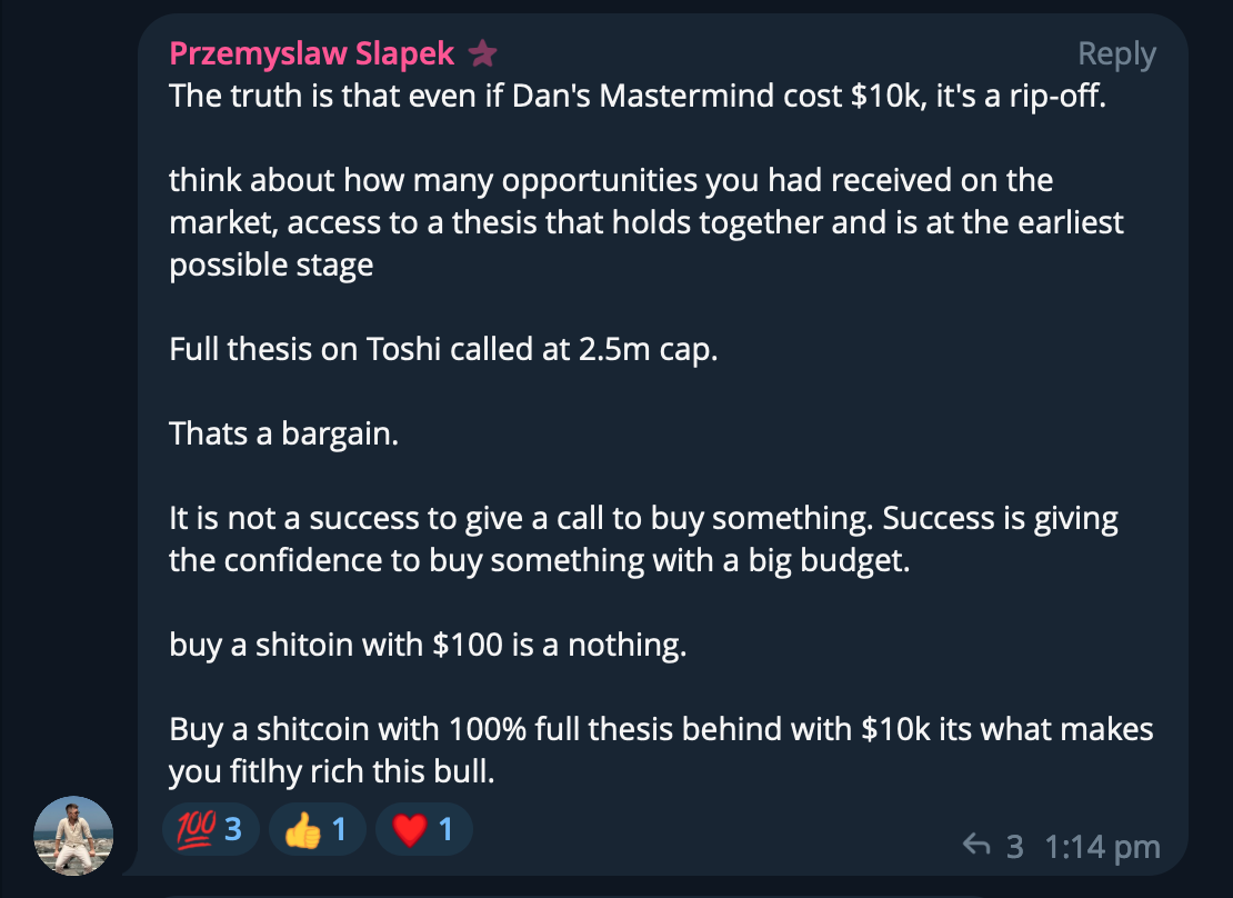 Screenshot of a chat message from Przemyslaw Slapak discussing the value of a master's thesis and investment, with reaction emojis of 100 points, thumbs up, and heart.
