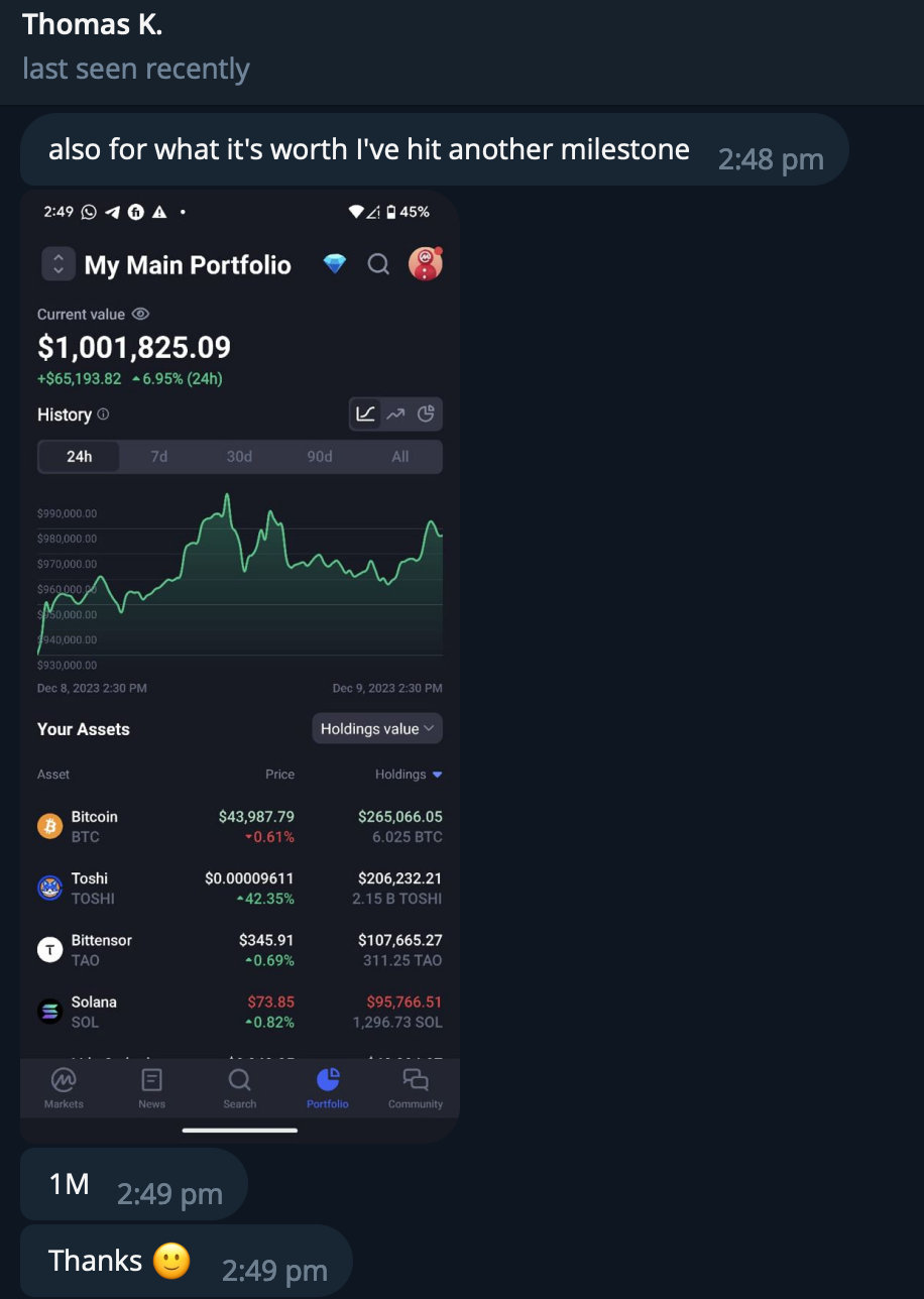 Screenshot of a mobile app displaying a cryptocurrency portfolio with total value over $1 million, showing individual assets like Bitcoin, Toshi, Bittensor, and Solana with their current prices and holdings, along with a 24-hour performance graph.