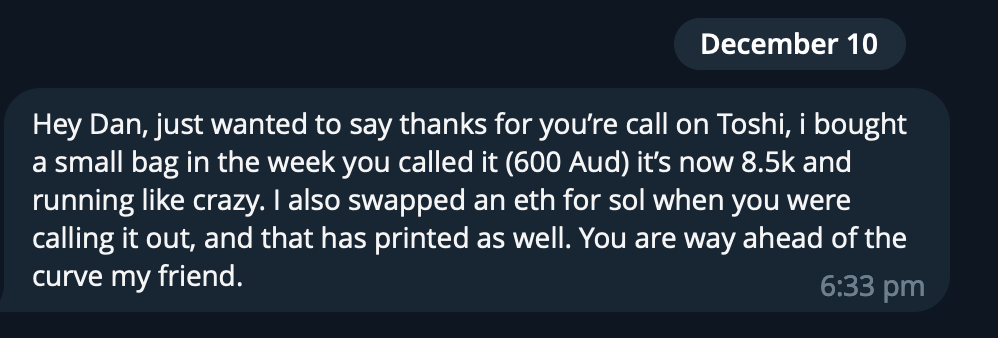 A screenshot of a messaging app with a dark blue background. The message is dated December 10 and at 6:33 pm. The message discusses a call on Toshi, a small digital wallet, and mentions currency exchange, swapping an Ethereum (eth) for Solana (sol).