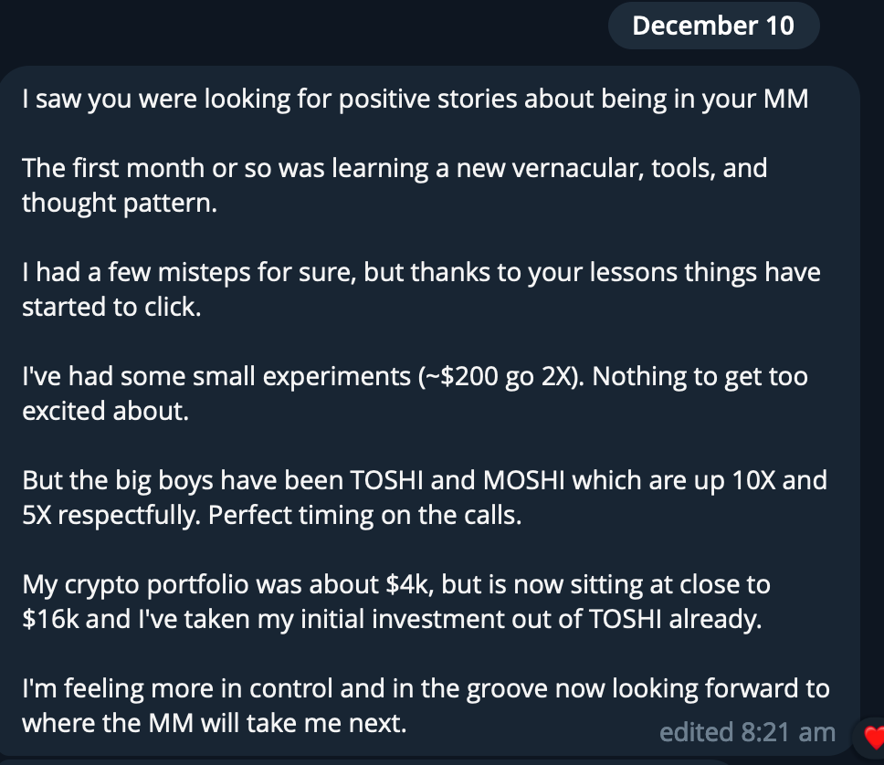 Screenshot of a text conversation about personal investment experiences and progress in a Mastermind group, dated December 10.