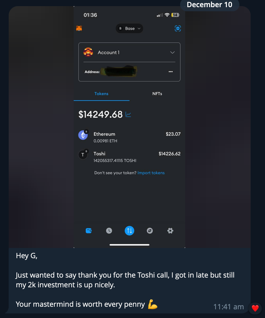 Screenshot of a digital cryptocurrency wallet showing a total of $14,249.68 USD, with Ethereum and Toshi tokens listed, along with a message thanking G for a Toshi call and commenting on successful investment.