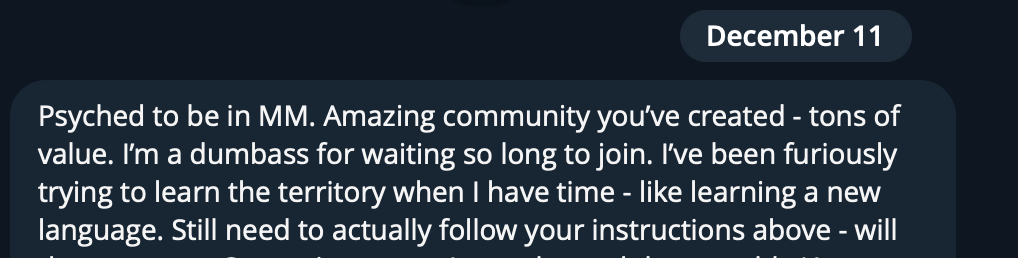 Screenshot of a Facebook post dated December 11 expressing excitement for joining a community called MM and mentioning learning a new language.