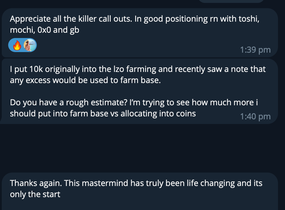 Screenshots of a chat conversation discussing farming, positioning, and estimating costs, including emojis of a fire and a person with a kayak.