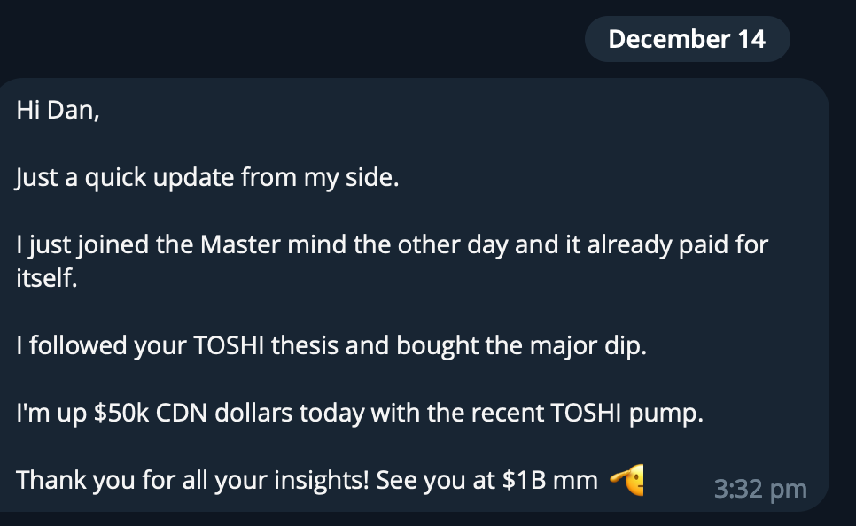 A screenshot of a text message conversation with a dark blue background, containing a message dated December 14, from someone sharing financial success updates, mentioning joining a Mastermind, buying a thesis and a dip, and earning $50k CAD.