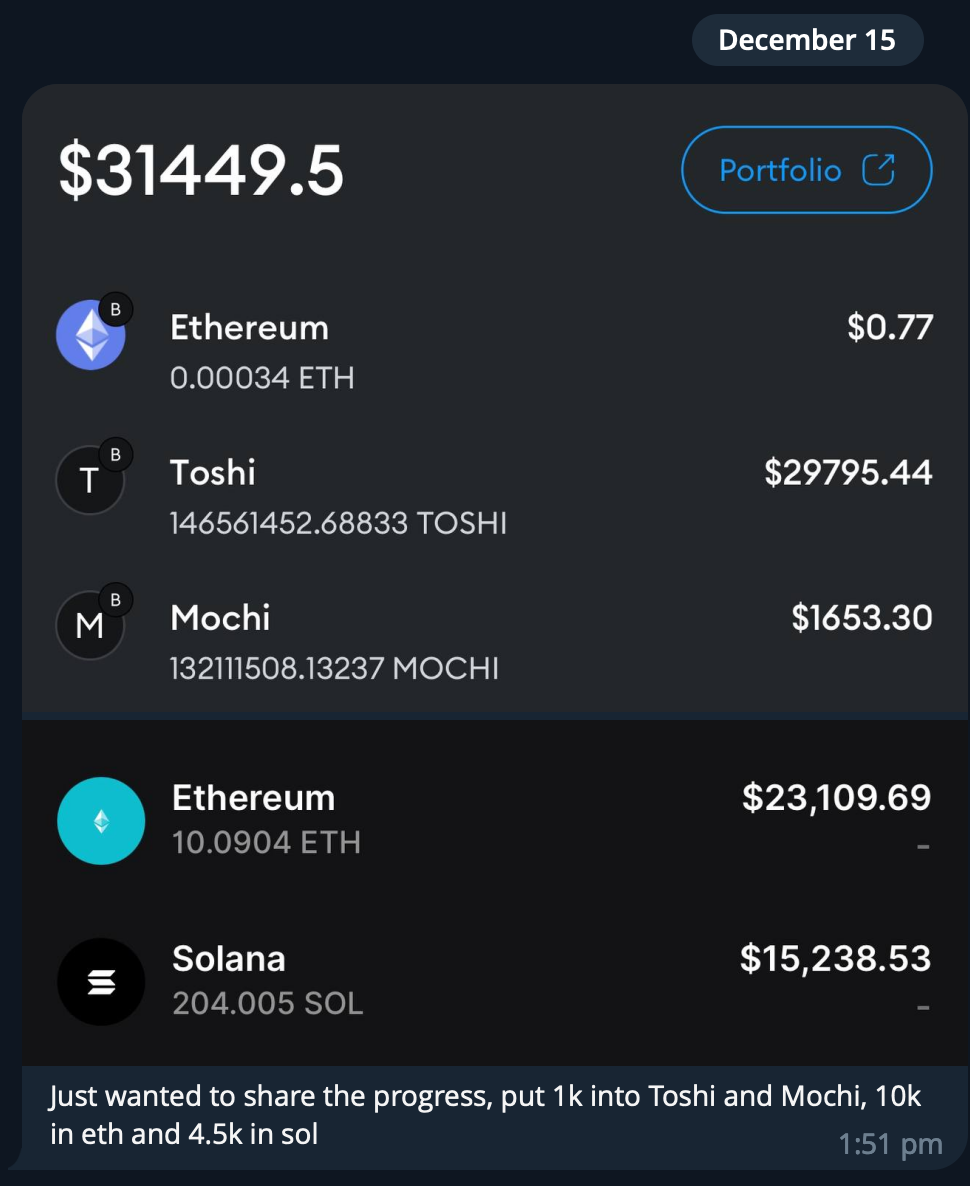 Cryptocurrency portfolio summary showing total balance of $31,449.50 with holdings in Ethereum, Toshi, Mocha, and additional Ethereum and Solana coins. Includes notes about investment allocations and timestamps.