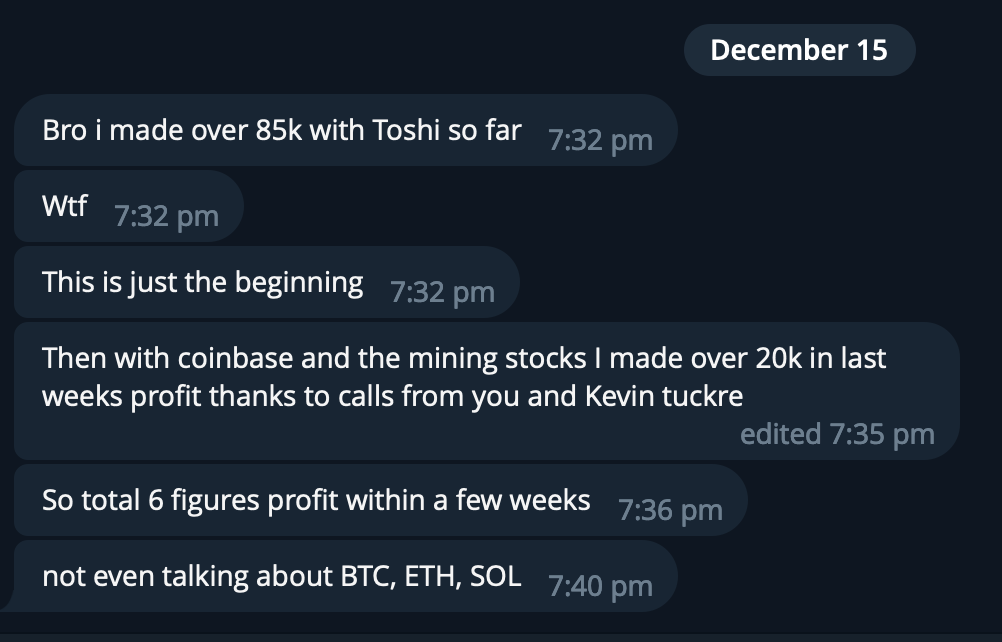 Screenshot of a text message exchange discussing profits from cryptocurrency and stocks, mentioning earnings over 85k with Toshi, over 20k from coinbase and mining stocks, total six-figure profit, and not including Bitcoin, Ethereum, or Solana.
