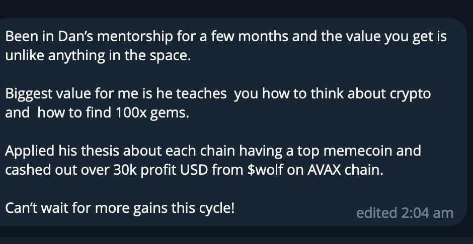 Screenshot of a message discussing mentorship, crypto strategies, and profits, mentioning AVAX chain and meme coins.