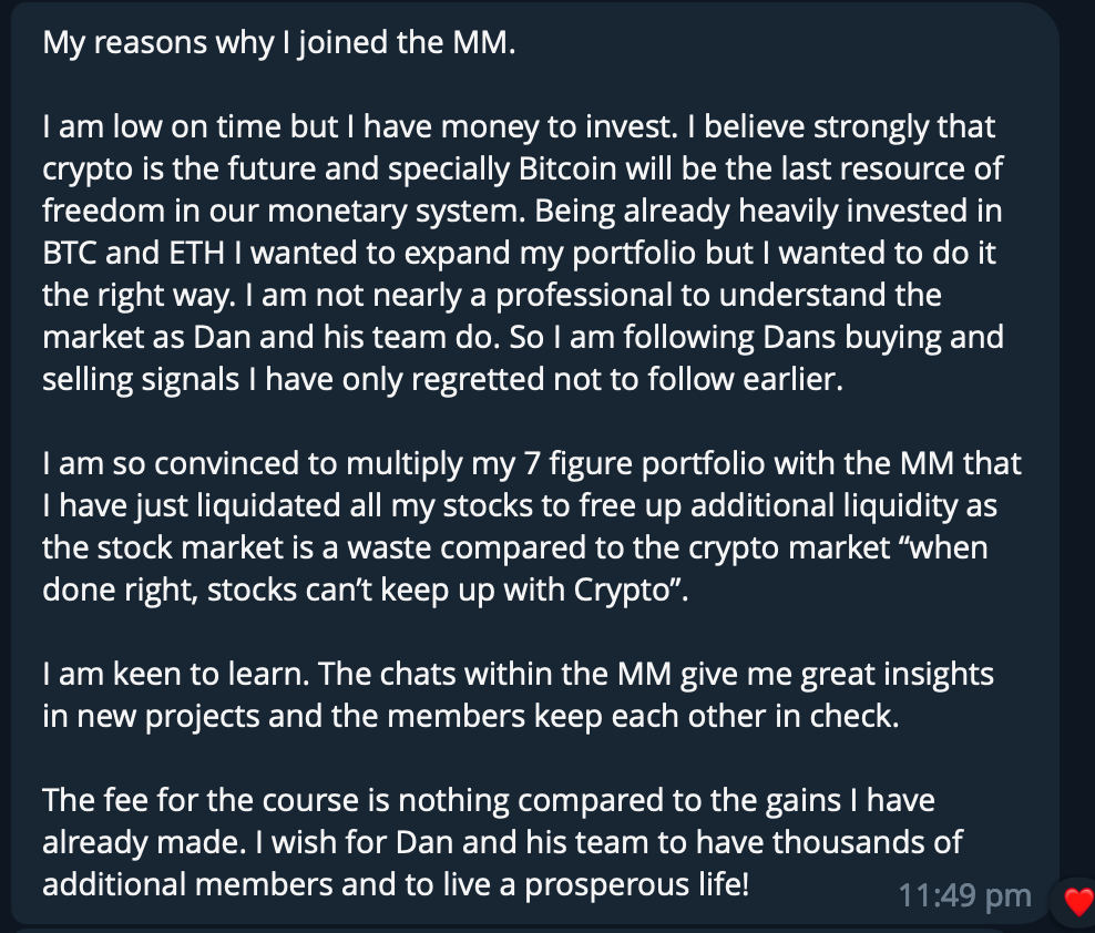 Screenshot of a message discussing reasons for joining an online money management group, emphasizing investments in cryptocurrency, following trading signals, and financial growth through the group's guidance.