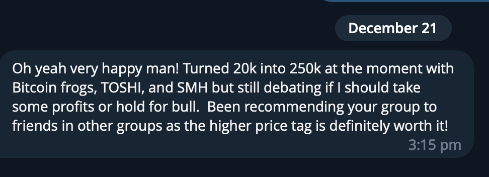 Screenshot of a text message from December 21 discussing making profits from Bitcoin investments and recommending groups to friends.
