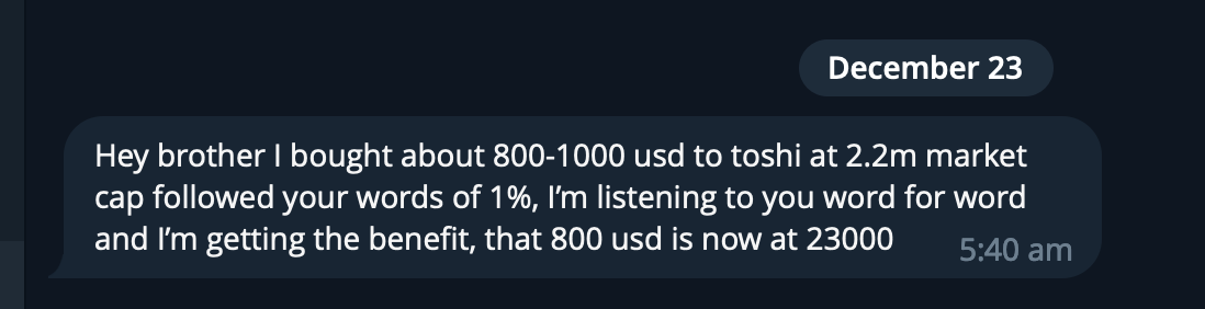 Screenshot of a WhatsApp message sent on December 23 at 5:40 am, discussing a financial transaction involving 800-1000 USD to Toshi at a 2.2 million market cap and a 1% fee, with the current value reaching 23,000 USD.