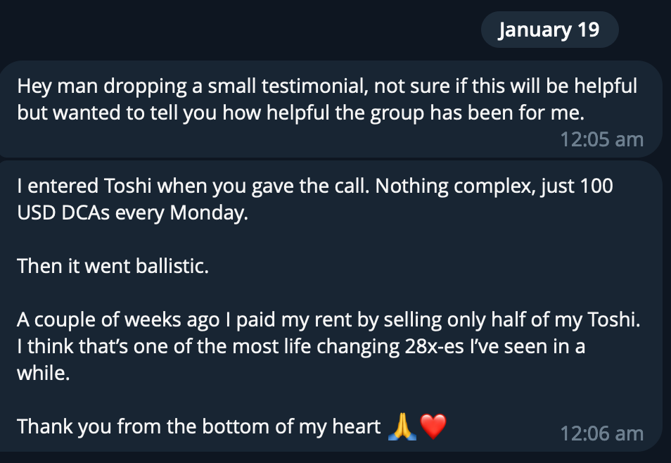 Screenshot of a text message conversation discussing using Toshi for financial transactions, including selling part of Toshi and paying rent, with a heartfelt thank you at the end.