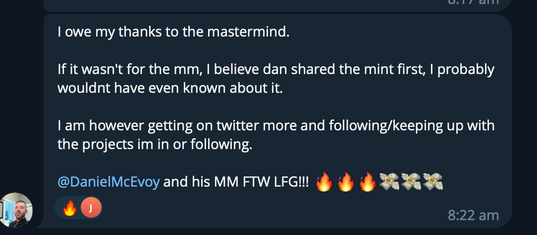 Screenshot of a message conversation with text and emojis including fire, money, and a person’s profile picture.