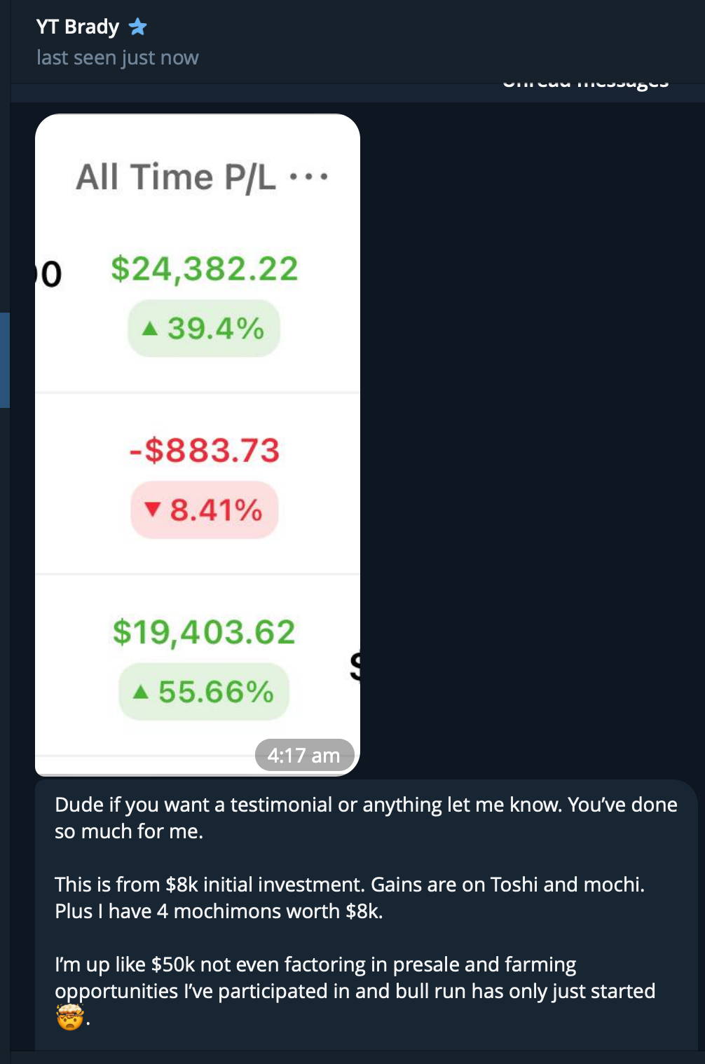 Screenshot of a trading or investment app showing profit and loss in green and red, with a message discussing gains from investments in Toshi and Mochi, initial investment of $8,000, and a recent increase to over $24,000.