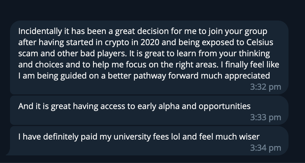 Screenshot of a text message conversation discussing joining a group to learn about cryptocurrency, early access to alpha opportunities, and paying university fees.