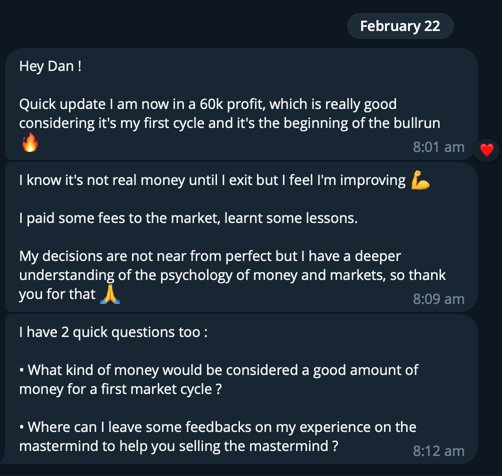 Text conversation with messages about a profit update, learning about markets, and asking questions regarding first market cycle investments and feedback on mastering market skills, dated February 22, with timestamps from 8:01 to 8:12 am.
