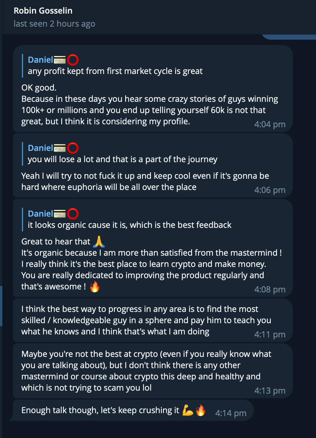 Screenshot of a chat conversation in a messaging app discussing profit, crypto, and learning from experts, with timestamps and emoji usage.