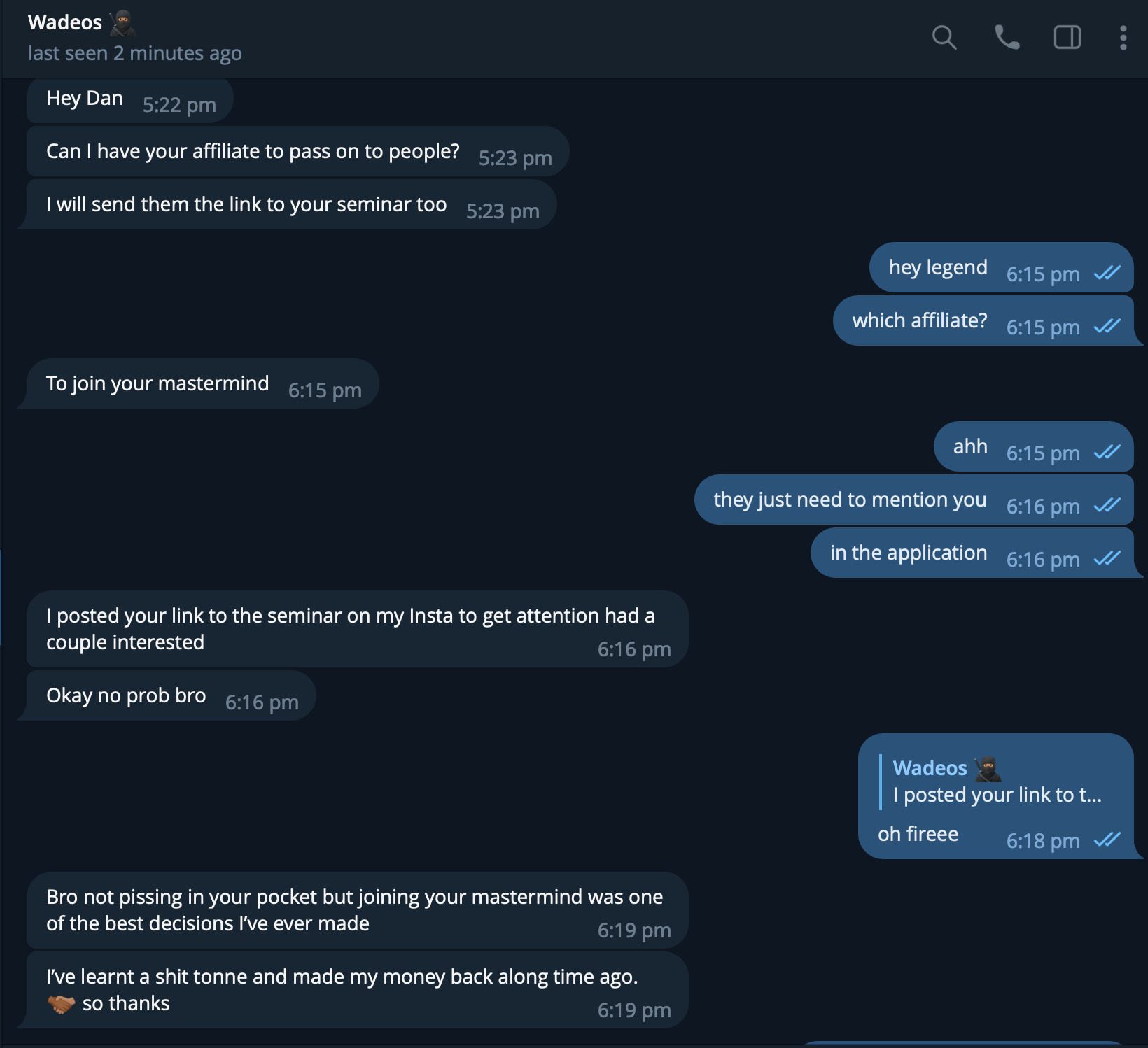 Screenshot of a WhatsApp chat conversation between Wadeos and Dan discussing affiliate marketing for a seminar, with Wadeos sharing a link on Instagram and expressing satisfaction in joining the mastermind.
