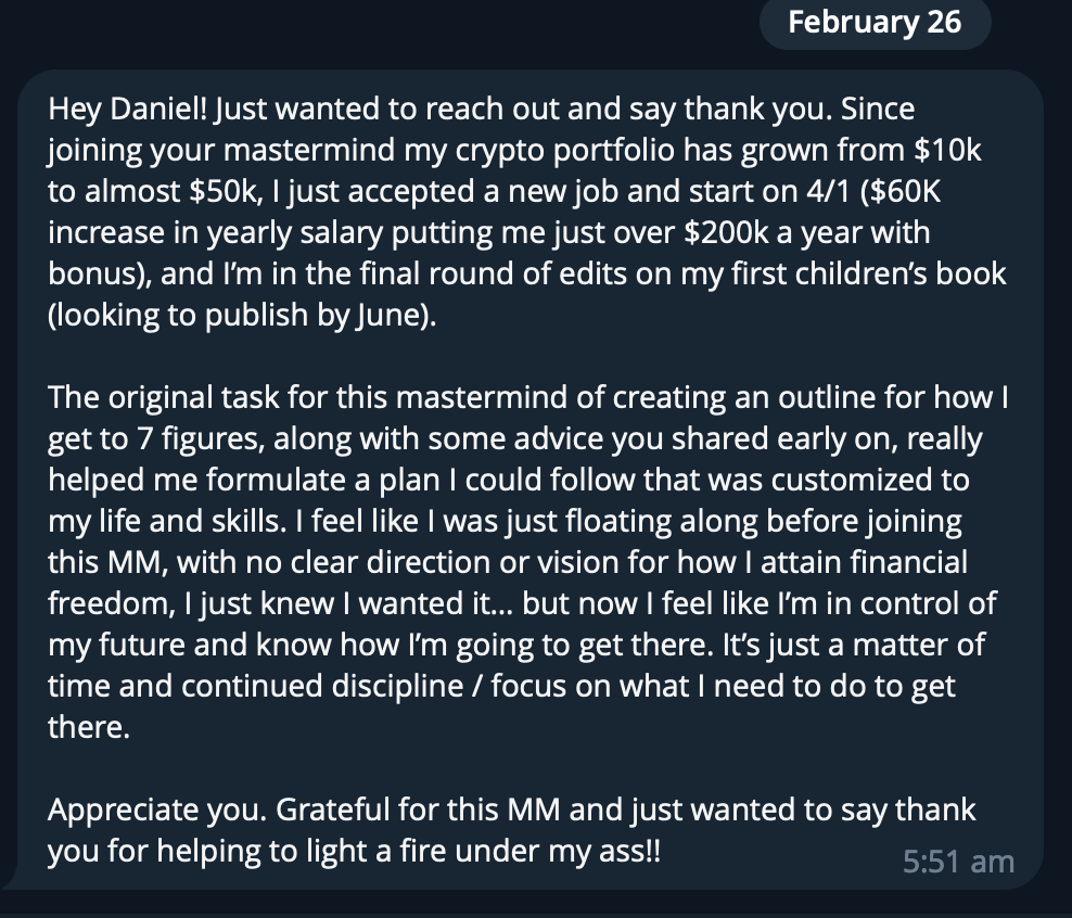 Screenshot of a WhatsApp message expressing gratitude for financial and personal progress, including career advancement, goal setting, and a heartfelt thanks for support.