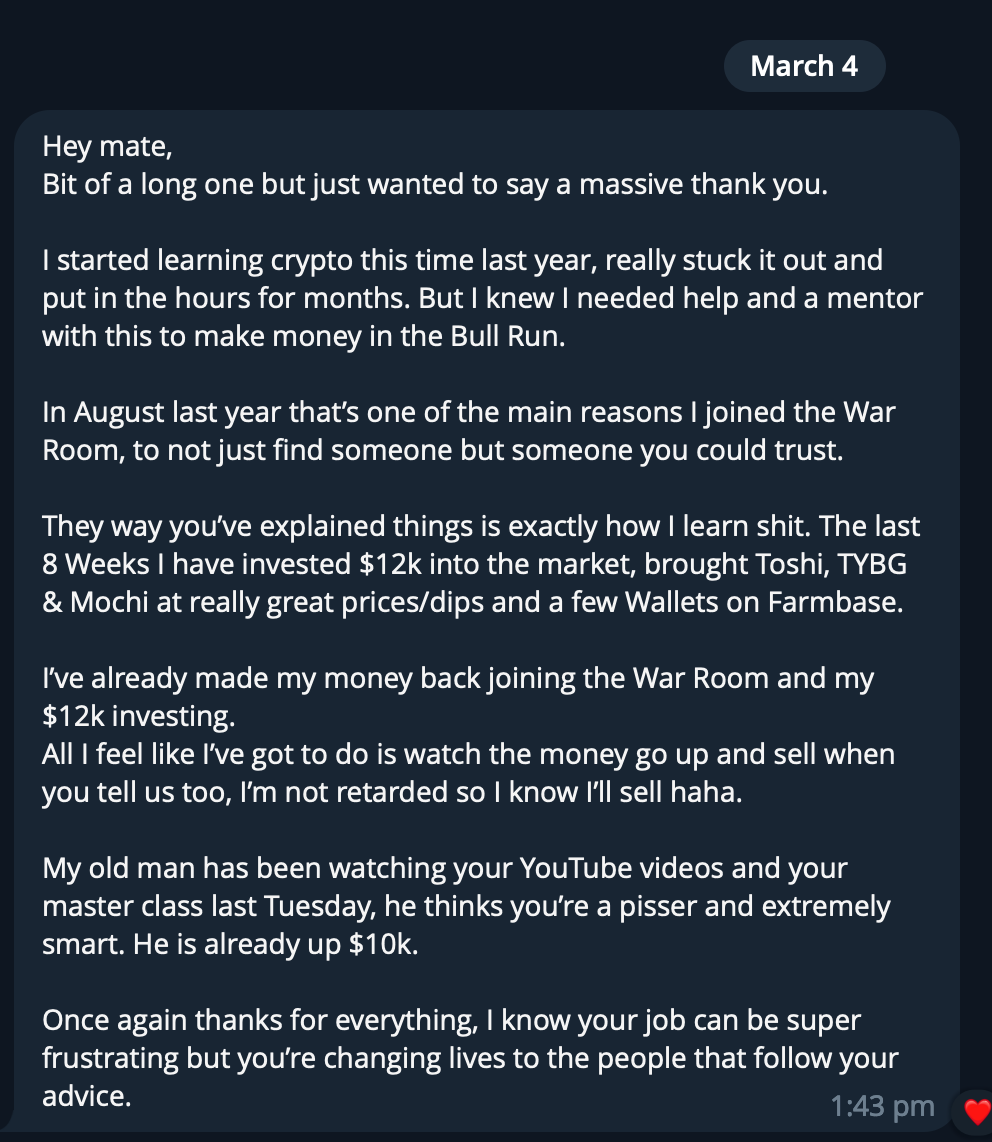 Screenshot of a message thanking someone for their help with crypto trading and sharing success stories, dated March 4, with a red heart emoji at the bottom.