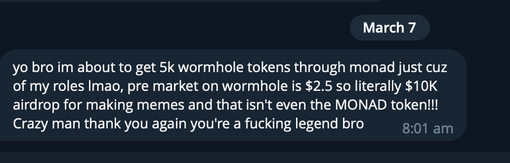 Message from a chat discussing getting 5K wormhole tokens through the MONAD project, mentioning pre-market price and a meme airdrop.