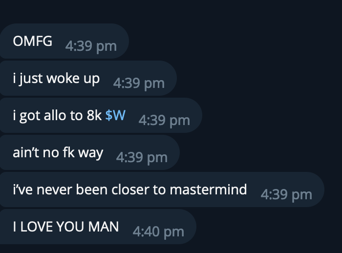 Screenshot of a text message conversation expressing excitement and love, mentioning waking up, reaching 8,000 followers, and feelings of closeness and affection.