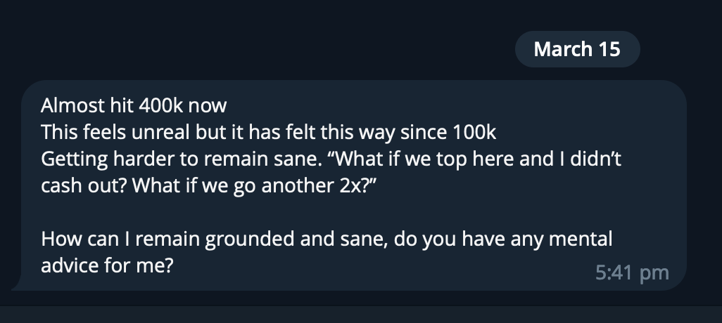 A screenshot of a text message conversation dated March 15 at 5:41 pm, discussing reaching nearly 400,000 in an unspecified context, feeling unreal, concerns about mental health, and asking for advice.