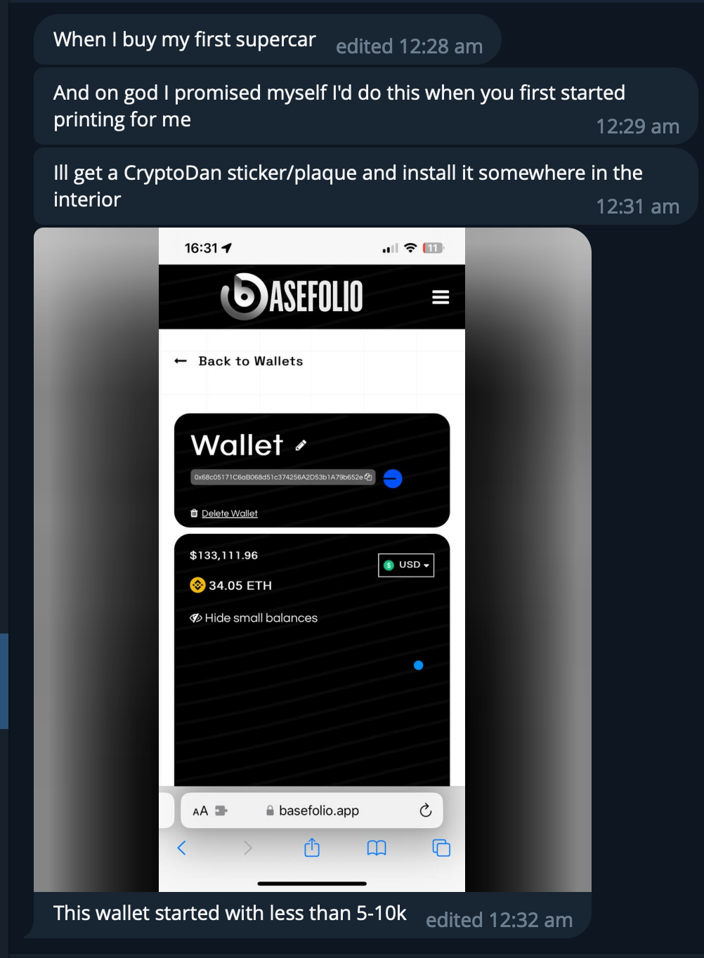 Screenshot of a mobile phone showing a cryptocurrency wallet on the Basefolio app. The wallet balance is approximately $133,111.96 with 34.05 ETH, and the wallet address is partially visible.