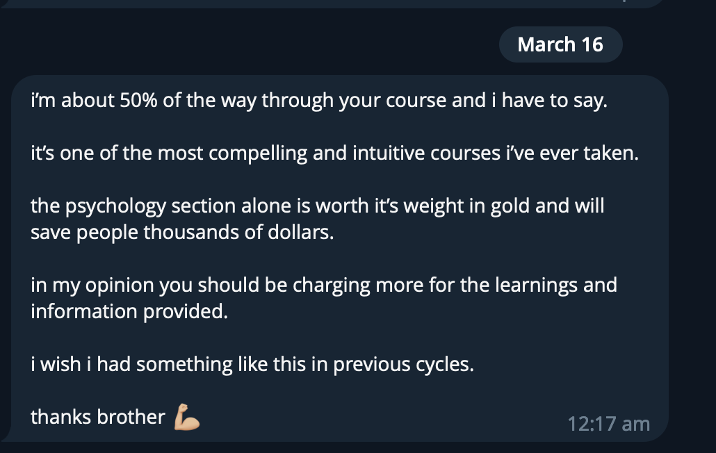 Screenshot of a text message conversation dated March 16 at 12:17 am, praising a course for its compelling content, especially the psychology section.