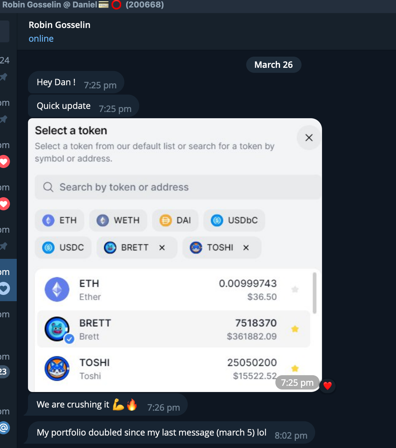 Screenshot of a digital chat conversation with cryptocurrency tokens and their balances, including ETH, BRETT, and TOSHI, and a message about portfolio growth.
