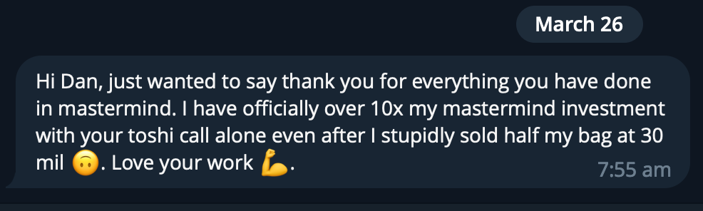 WhatsApp message showing a text conversation dated March 26, thanking Dan for his support and sharing about a successful investment.