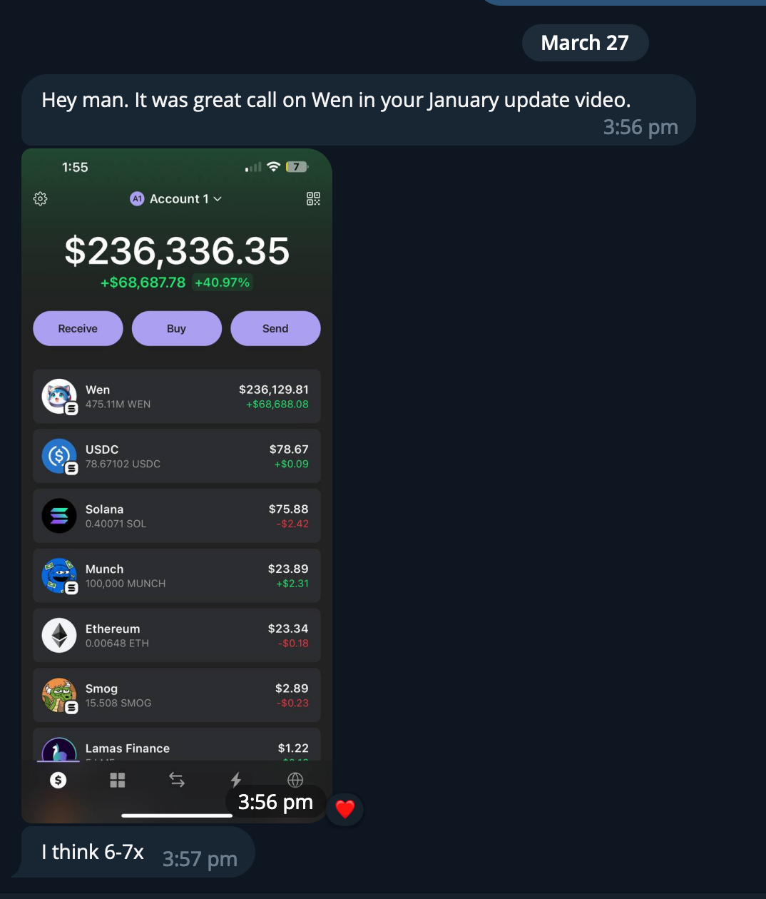 Screenshot of a mobile app showing a cryptocurrency portfolio with a total balance of $236,336.35, including holdings in WEN, USDC, Solana, Munch, Ethereum, Smog, and Lamas Finance.