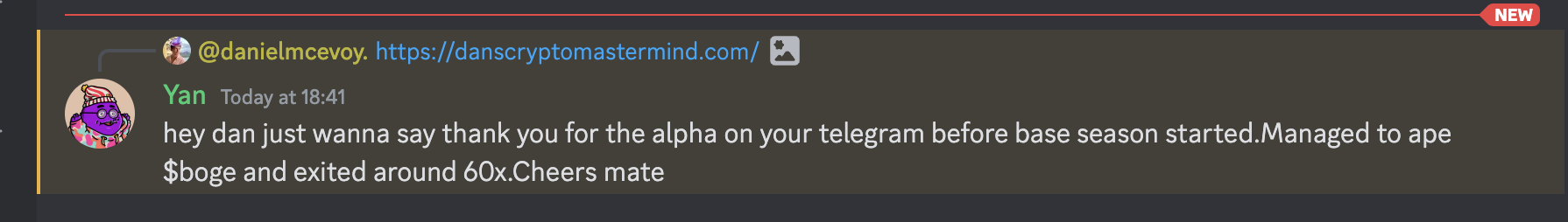 Screenshot of a Telegram chat message from Yan thanking Daniel for the alpha on his telegram before the base season started, mentioning they managed to ape $boge and exited around 60x, and ending with cheers.