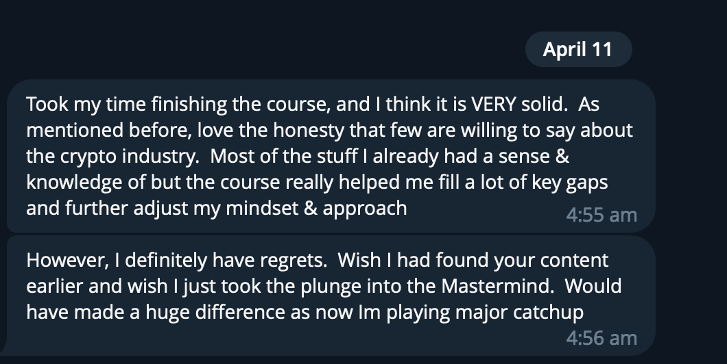 Screenshot of a chat conversation with messages about completing a course and regret about missing content, timestamped 4:55 am and 4:56 am.