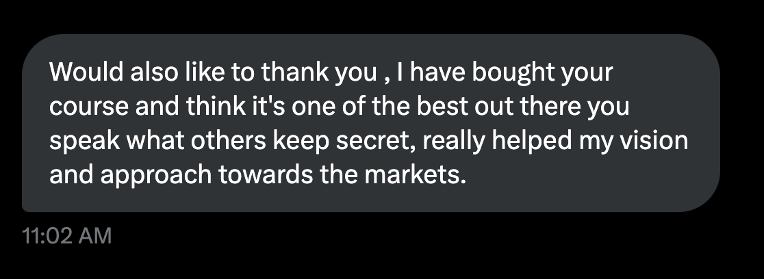 Screenshot of a text message praising a course, expressing gratitude and mentioning how it helped their vision and approach to markets.