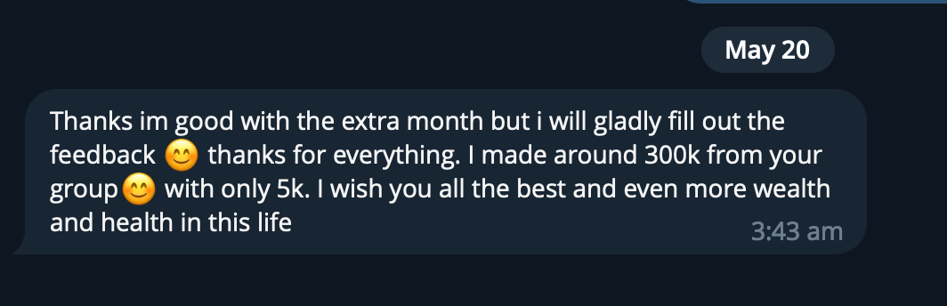 A screenshot of a WhatsApp message conversation with the date May 20. The message expresses gratitude for a helpful group, mentioning earning around 300k with only 5k, and wishing health and wealth to the group members.