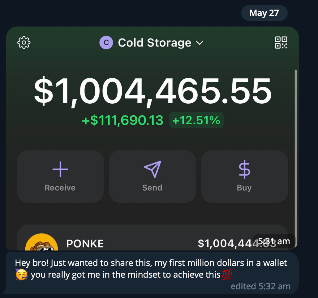 Screenshot of a digital wallet app displaying a total balance of over one million dollars, with a recent gain of approximately 111,690 dollars, and a message sharing the achievement. The date shown is May 27.