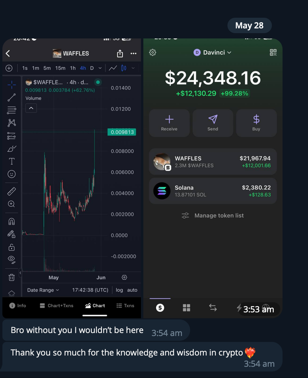 Screenshots of cryptocurrency trading data and a chat message. The left shows a trading chart for a coin called Waffles with a 4-hour time frame, and the right displays a crypto wallet balance of over 24,348 dollars with holdings in Waffles and Solan
