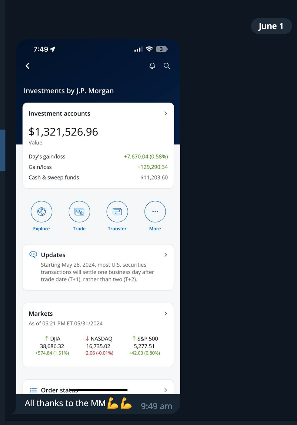 Screenshot of a mobile app showing J.P. Morgan investment account with a balance of $1,321,526.96, gains, and market data, with a message thanking the manager at 9:49 am.