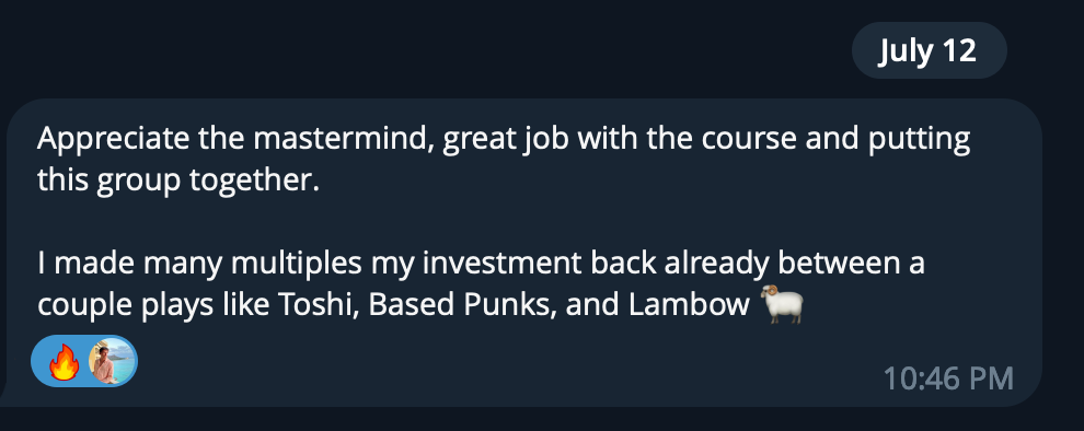 Screenshot of a chat message dated July 12th with a positive comment about a course, including emojis of a fire and a sheep.