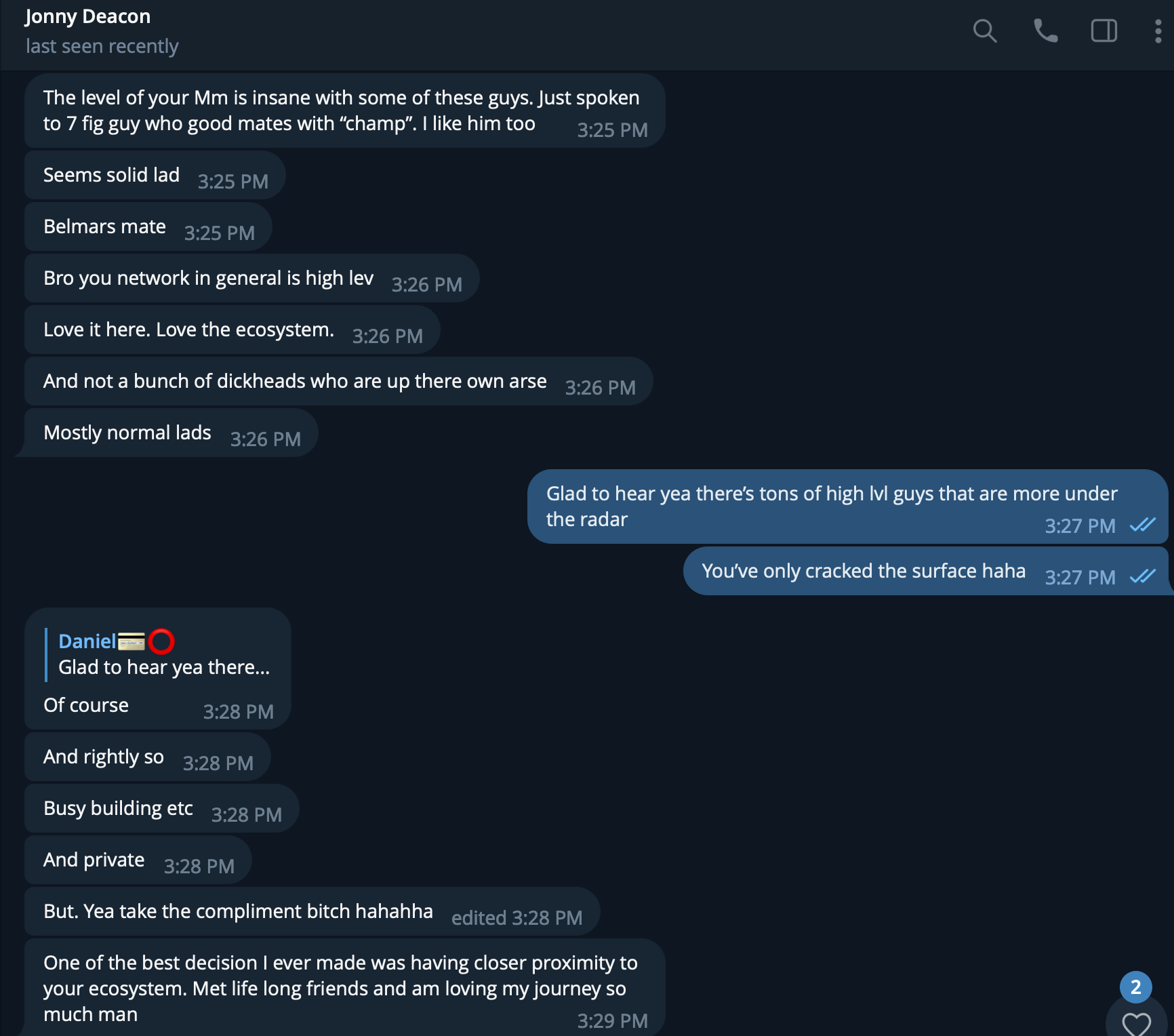 Screenshot of a WhatsApp chat conversation between two people discussing high-level members, network, ecosystem, and privacy. The chat includes emojis and messages about confidence and proximity to the ecosystem.