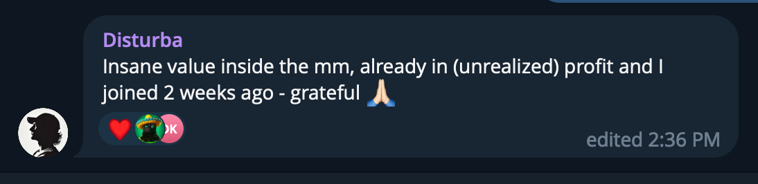 A screenshot of a message from a chat window. The message is from a user named Disturba, expressing excitement about achieving significant profit after two weeks, with a note of gratitude and praying hands emoji.
