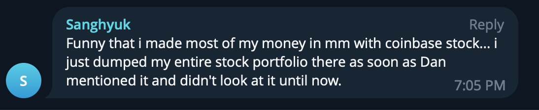 Screenshot of a messaging app chat with a blue highlight, showing a message from Sanghyuk about making money in MM with Coinbase stock and mentioning dumping the entire stock portfolio based on Dan's advice.
