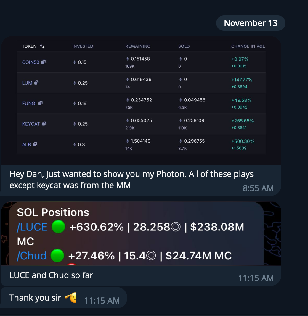 Screen displaying cryptocurrency portfolio with various token names, invested amounts, remaining balances, and percentage changes. Also shows SOL positions for LUCE and Chud tokens, with profit percentages and dollar values. Chat messages about Photo