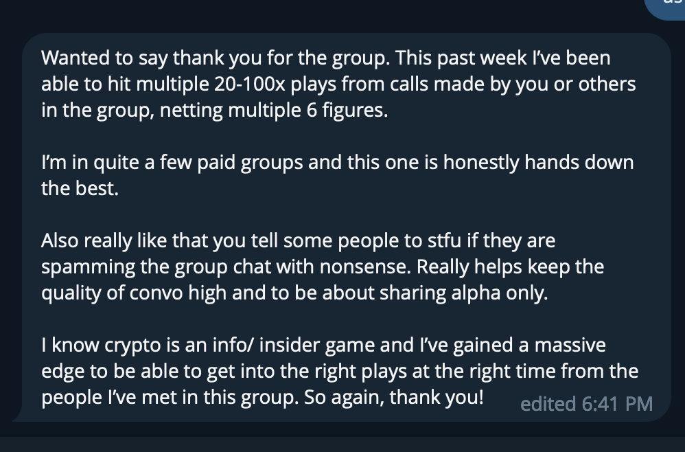 Screenshot of a chat message expressing gratitude and sharing opinions about group chats, crypto trading, and online behavior.