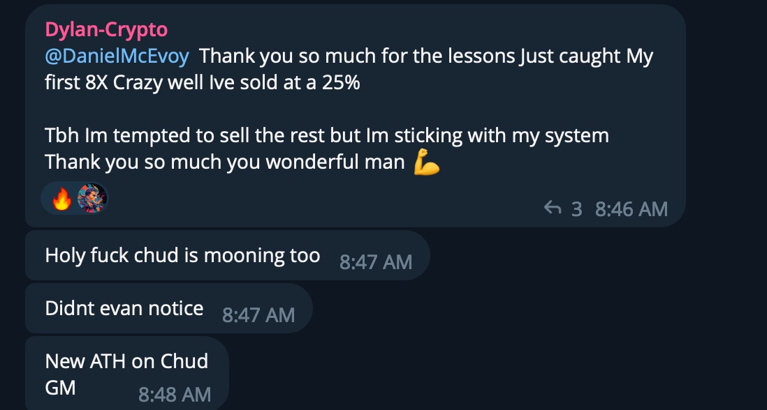 Screenshot of a chat conversation about cryptocurrency investments, including expressions of excitement, a mention of a new all-time high, and discussions about market activity.