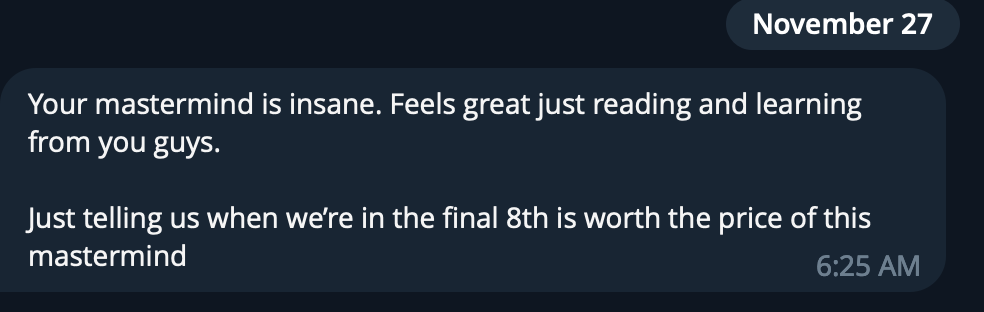 Screenshot of a text message conversation discussing how reading and learning from a group is beneficial and mentioning the final 8th.