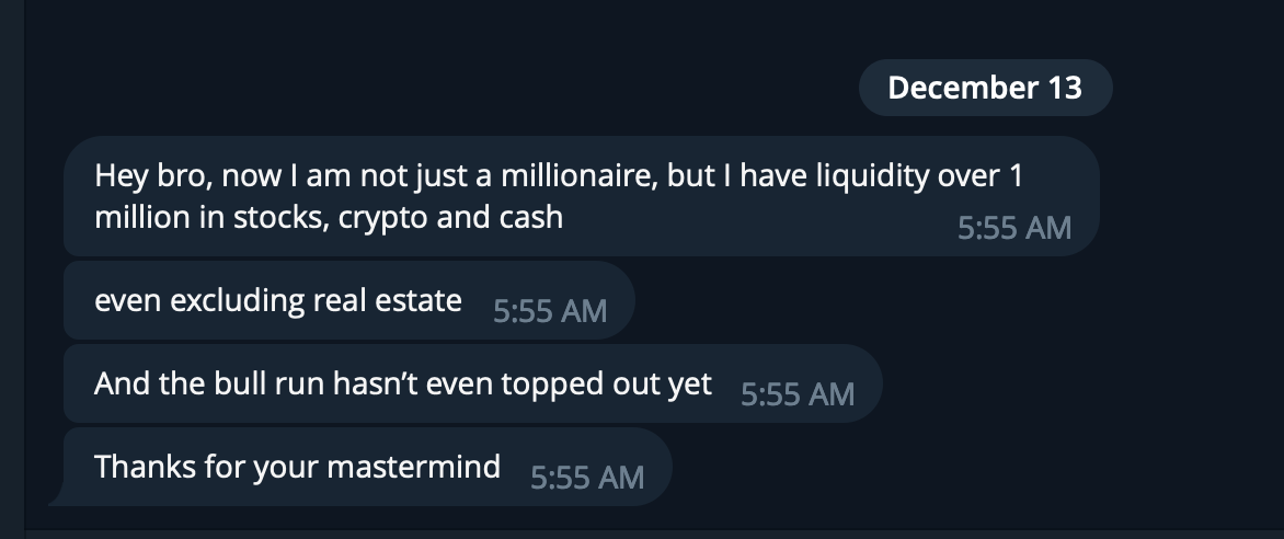 Text message conversation discussing financial success, liquidity over 1 million in stocks, crypto, and cash, excluding real estate, with no market decline yet, thanking for mastermind.