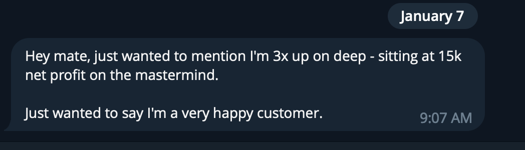 Text message conversation on a mobile screen with two messages, the first dated January 7 at 9:07 AM, discussing profit and customer satisfaction.