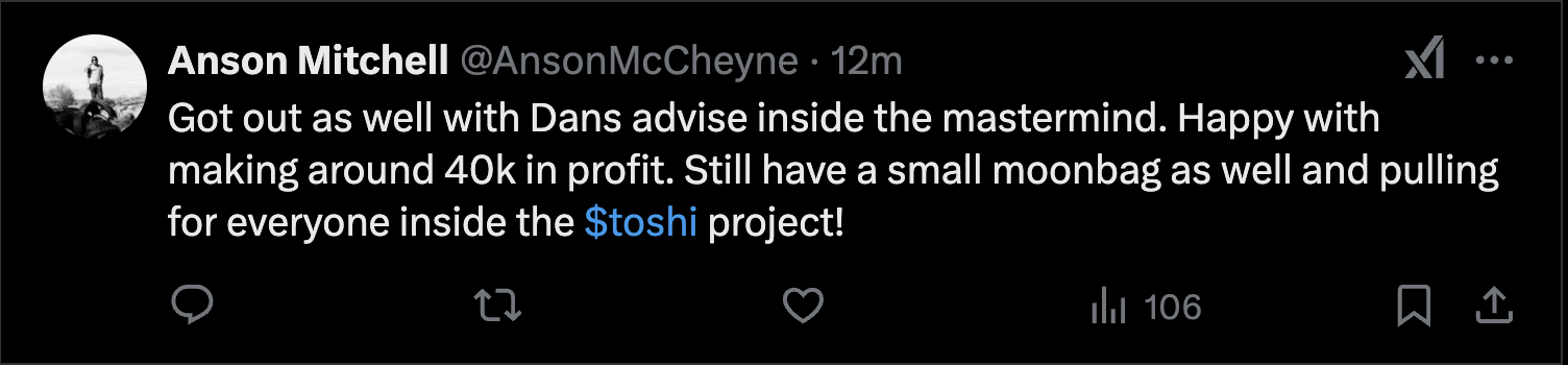 Screenshot of a tweet by Anson Mitchell about a successful project with Dans and Stoshi, mentioning profit and a small moonbag.