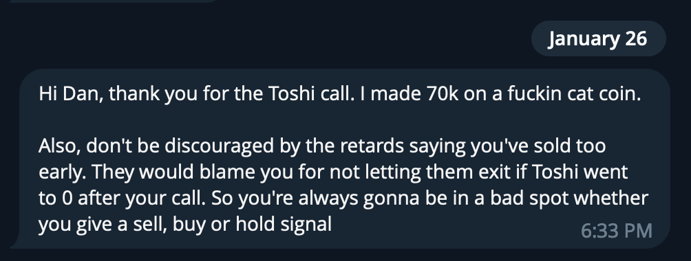 Screenshot of a messaging app conversation with a dark background, showing a message dated January 26 at 6:33 PM, discussing financial gains from a coin called Toshi and advice about trading signals.